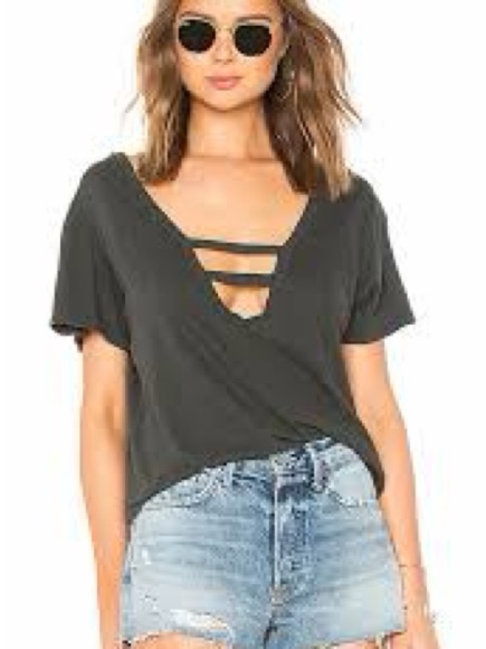 LNA Charcoal Double-Strap V-Neck Short Sleeve Tee - size Large